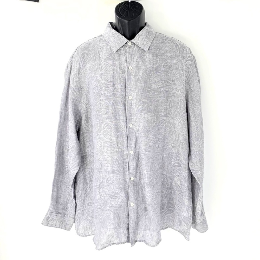 Tasso Elba Men Shirt Button Down Linen Gray Paisley Design Sz XXL